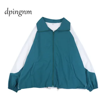 

Women Loose Jackets Female Zipper Pockets Casual Long Sleeves Coats Autumn Jacket Two Tone Windbreaker Jacket
