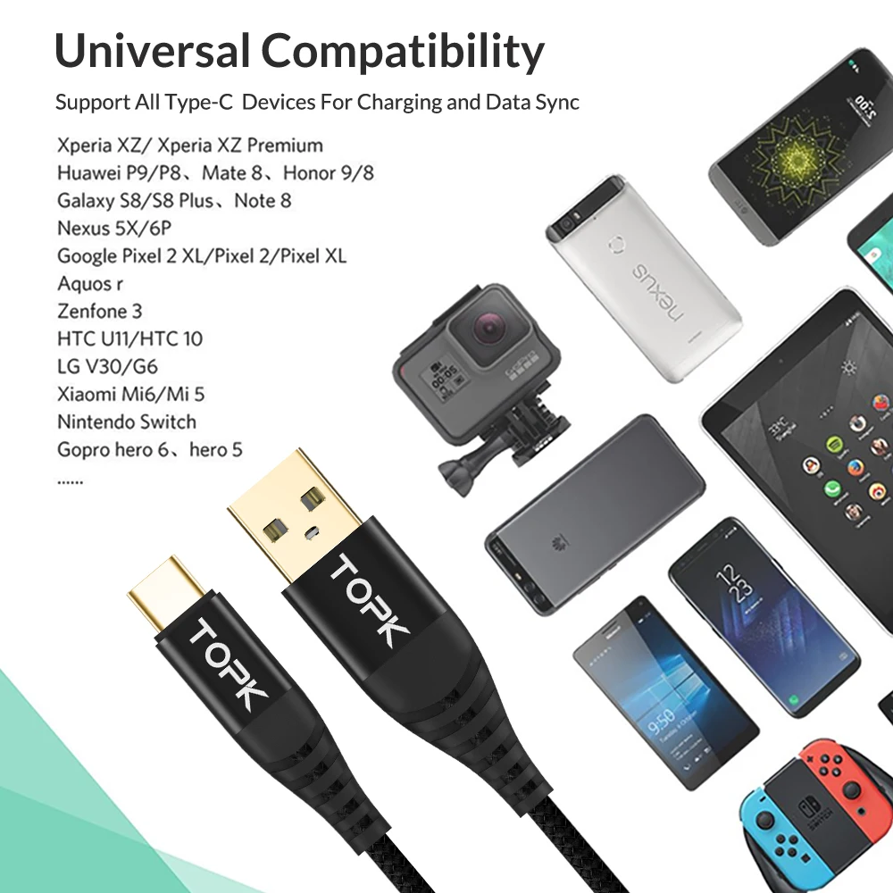 TOPK 1 M (3ft) USB نوع C كابل لسامسونج S9 S8 نوع-C كابل بيانات ل Xiaomi Mi6 الهاتف المحمول كابل يو اس بي USB-C