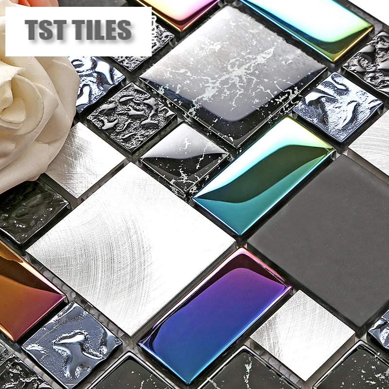 Glass Tiles Black Mosaics Tile Kitchen Backsplash Iridescent Finish