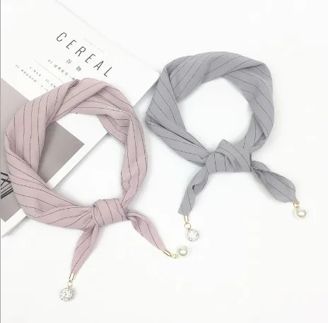 

Sweety Pink&Grey Neckerchief Fashion Stripe Print Scarf Women Pearl Pendant Headband Foulard Hexagon Scarves 80*25cm Office Wrap