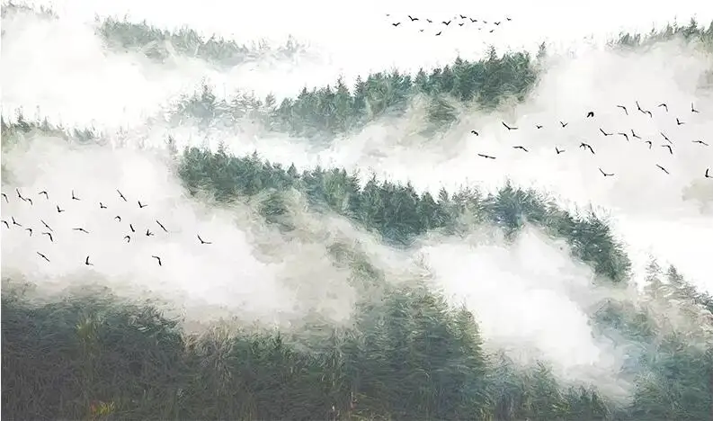 Beibehang на заказ 3d обои ручная роспись сосновый лес облака птицы туман задний план стены украшения дома фон 3d обои