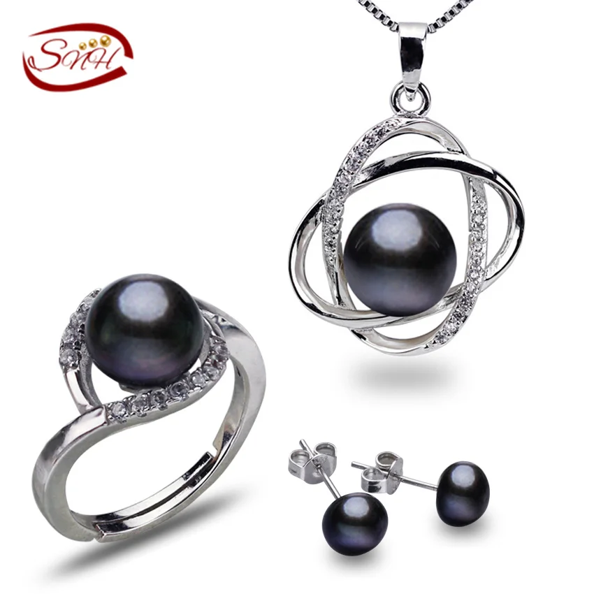 

SNH 8-9mm button black color AAA 925silver natural real freshwater pearl set black pearls