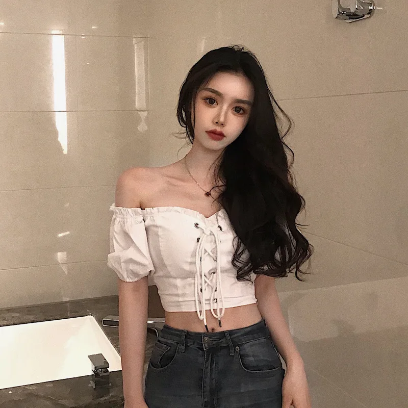 

women blouses vintage gothic korean ladies tops white blouse off shoulder top Slash neck