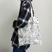 Прочные парусиновые сумки для покупок, Простой лаконичный стиль, ручная сумка на одно плечо на молнии с мультяшным дизайном, размер 34 X39cm