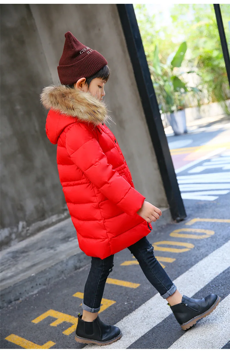 Зимние куртки-пуховики на утином пуху для девочек; зимние парки для мальчиков; детская утепленная теплая куртка с большим меховым воротником и капюшоном; детская одежда