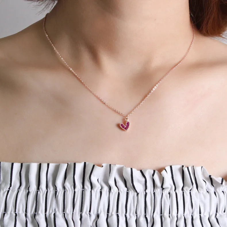 

Sweet Rose Gold Coated S925 Sterling Silver Chain Zircon Love Heart Pendant Short Choker Necklace for Women Girls Charm Jewelry