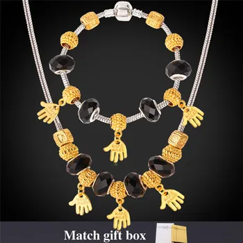 

Brand Charms Necklace And Bracelet Set Cute Hand Gold Color DIY Glass Beads Black Crystal Jewelry Sets For Women NH861