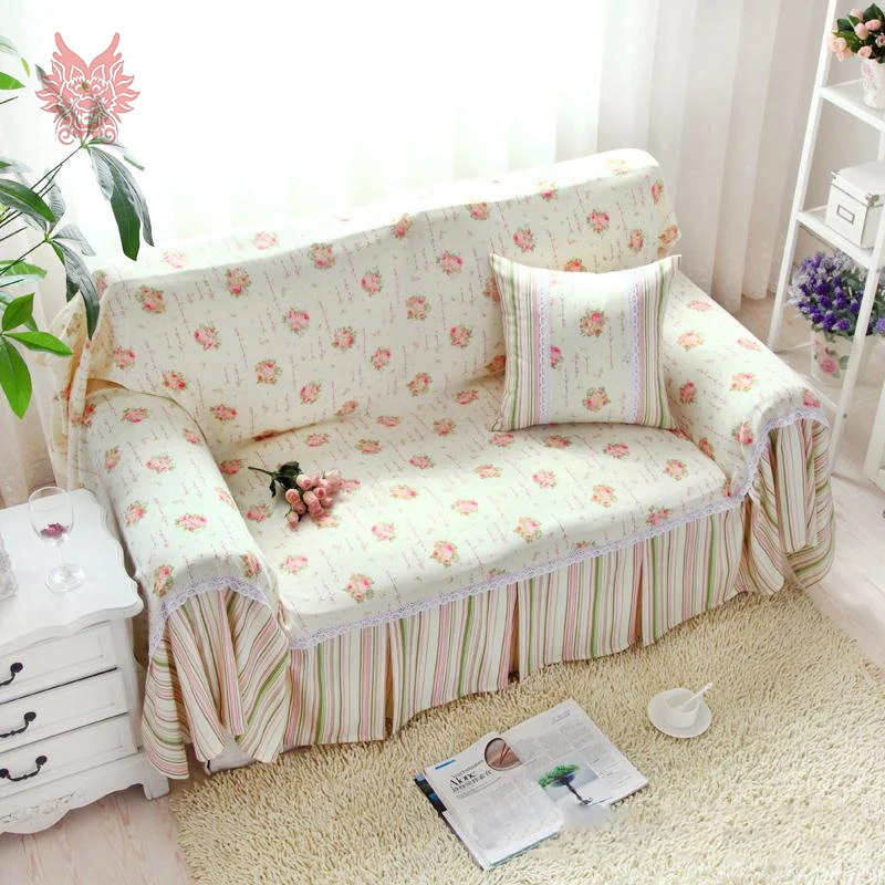 Cotton/Linen canvas Sofa cover pastoral style cream white/pink floral