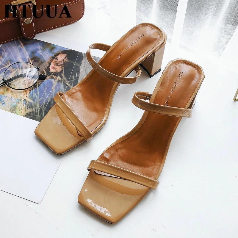

HTUUA Slip On Square Heel Slippers Women Outside Ladies Sandals Summer Shoes Woman Thin Strap Slides Ladies Flip Flops S3050