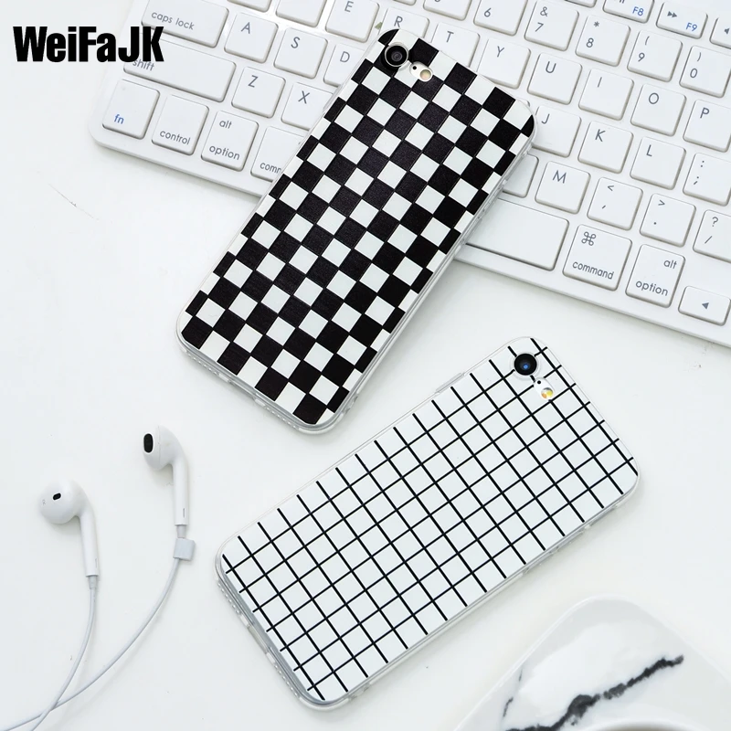WeiFaJK الفاخرة الرجعية أسود أبيض شبكة حقيبة لهاتف أي فون 7 8 زائد TPU لينة غطاء كامل ل iphone 5 5s 6 6s زائد حالات عودة كابا