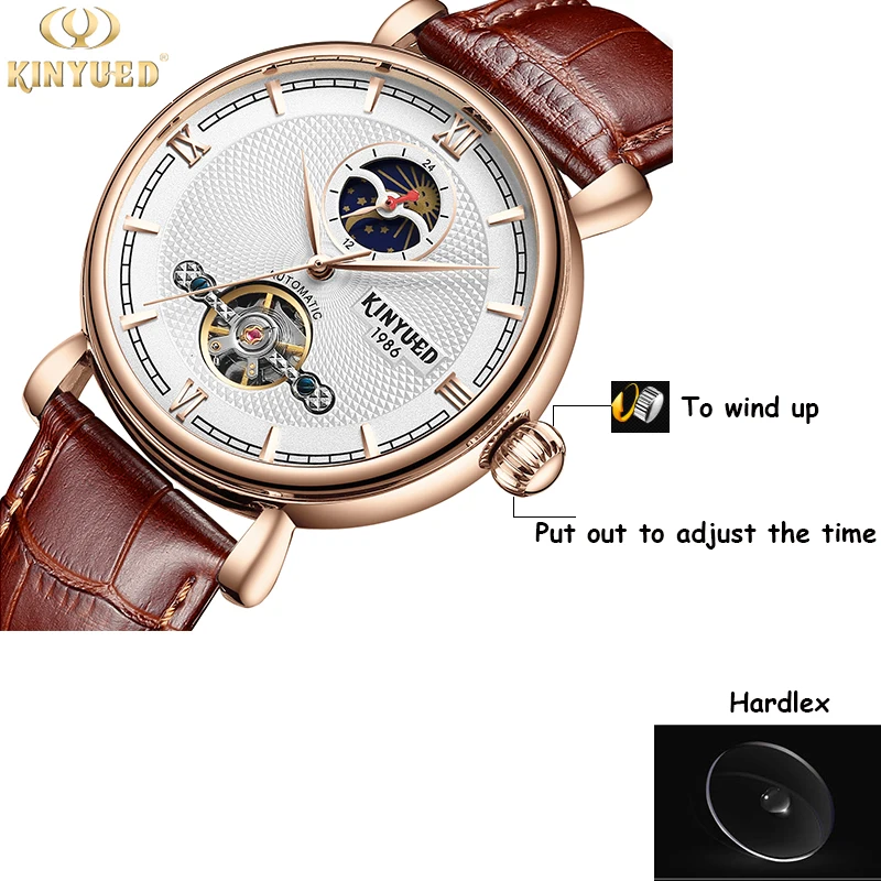 Kinyued جديد ساعات آلية الرجال التلقائي القمر المرحلة للماء ساعة يد توربيون الذكور الأزياء ساعة يد بحزام من الجلد Kinyued جديد ساعات آلية الرجال التلقائي القمر المرحلة للماء ساعة يد توربيون الذكور الأزياء ساعة يد بحزام من الجلد
