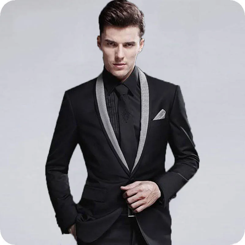 

Tailored Black Men Wedding Suit 2019 Silver Shawl Lapel Regular Fit Groomsmen Suit Groom Tuxedo 2Pieces Male Jacket Pants