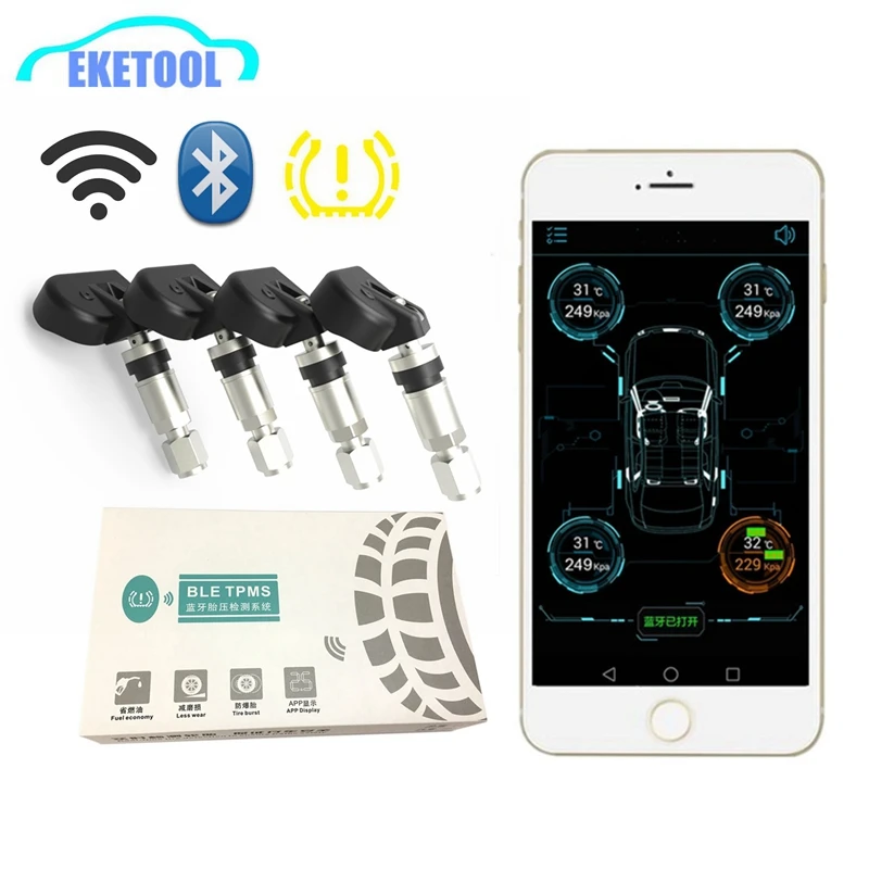 Wireless Bluetooth 4.0 4pcs TPMS Sensor Tire Pressure Monitor System For Mobile Phone APP