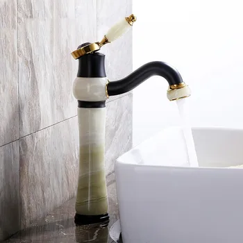 

Luxury black and gold Solid brass Jade stone high waterfall Bathroom Sink Faucet Basin Vanity Mixer Tap