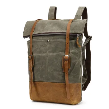 

Waxed Canvas Laptop Backpack for Men Waterproof School Bookbag Leather Daypack Rucksack for Travel Hiking Adventure