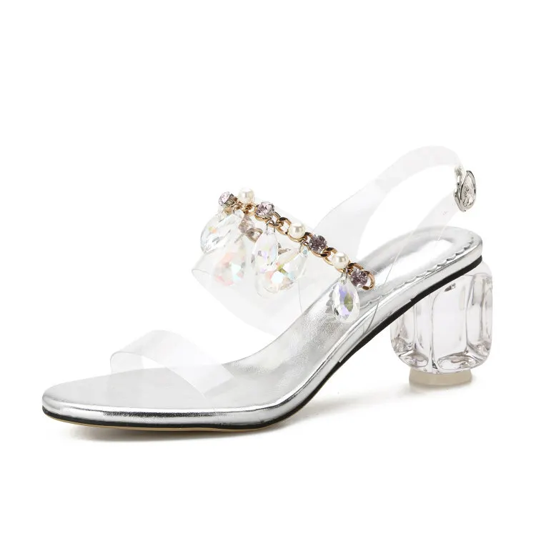 

2019 summer new rhinestone crystal transparent thick with temperament word buckle open toe sandals
