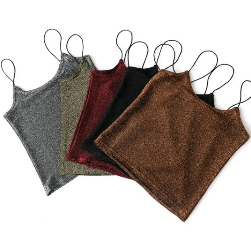 

Sexy O neck Bright Bling Line Slim fit Tight Camis New Brandy crop Top Camisetas Spliced Strap Tank Vest Short Tee