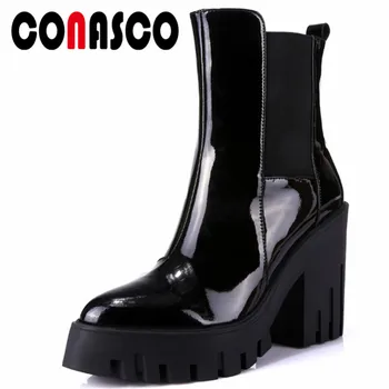 

CONASCO Sexy Women Genuine Leather Ankle Boots High Heels Warm Autumn Winter Shoes Woman Platforms Punk Sexy Basic Boots