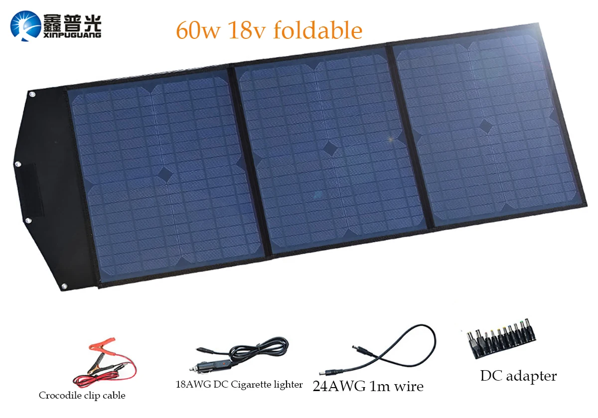 

Xinpuguang 60W Solar Panel 5V USB and 18V DC Output Portable Foldable Power Bank Solar Charger for Smartphone Laptop 12V Battery