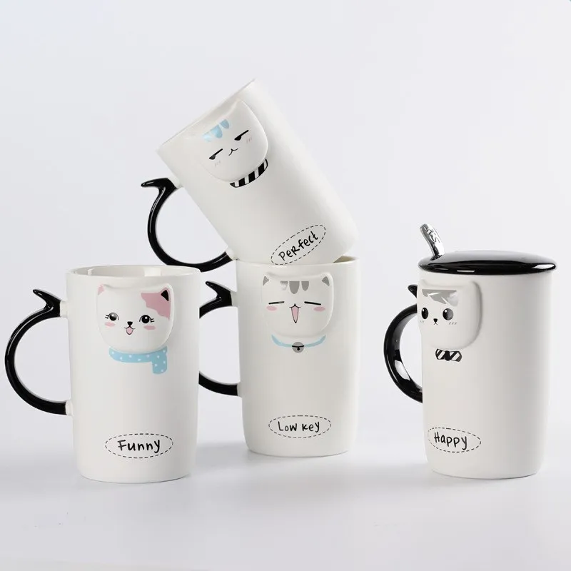 cheap Creative Novelty Emboss Cat Mugs Couple Coffee Ceramics Cups Student Milk Tea Mug Home and Office Cup Lemon Juice Drinkware