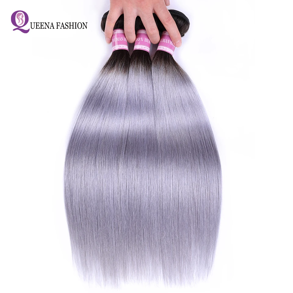 

1B/Grey Two Tone Color Straight 3 Bundles Peruvian Human Hair Weave Dark Root Sliver Gray Ombre Hair Bundles Remy Hair Extention