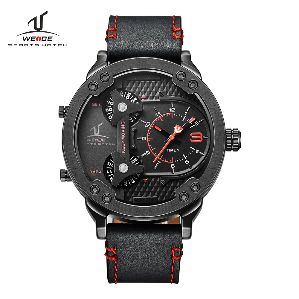 

WEIDE Brand Sport Watch Quartz-Watch Black Genuine Leather Strap Multiple Time Zone Fashion Design Male Clock erkek kol saati