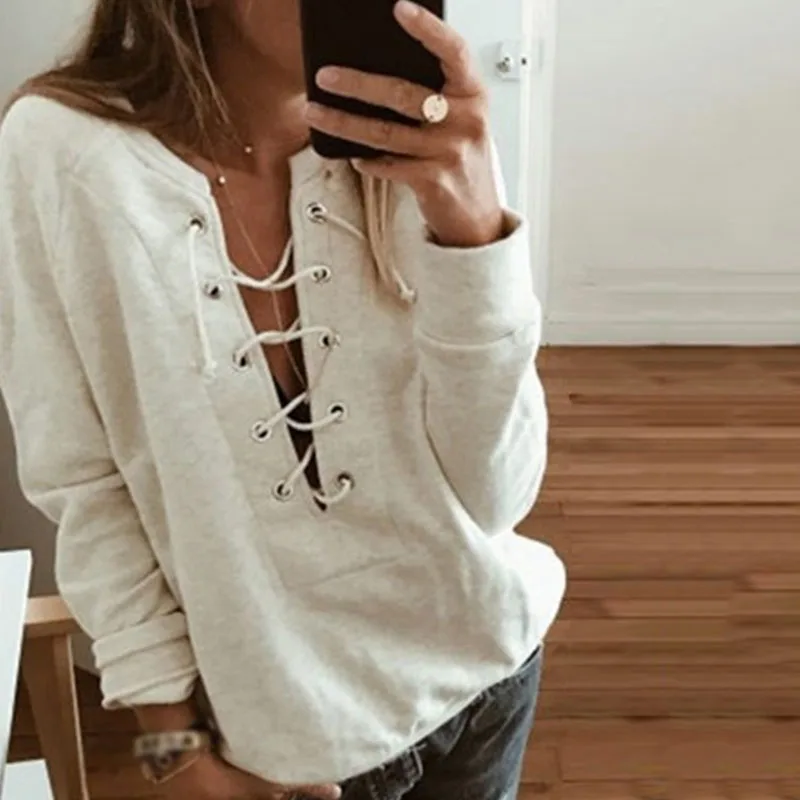 

Women Sweater Lace Up Party Winter Round Neck Casual Loose Solid Color Fashion Long Sleeve Sweatshirt Ladies Tops