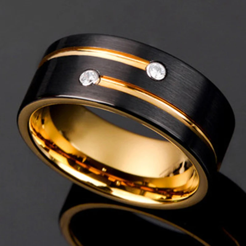 Online Anillo de carburo de tungsteno de Color dorado negro para hombres y mujeres anillo de boda aniversario incrustación brillante CZ joyas anillos de piedra