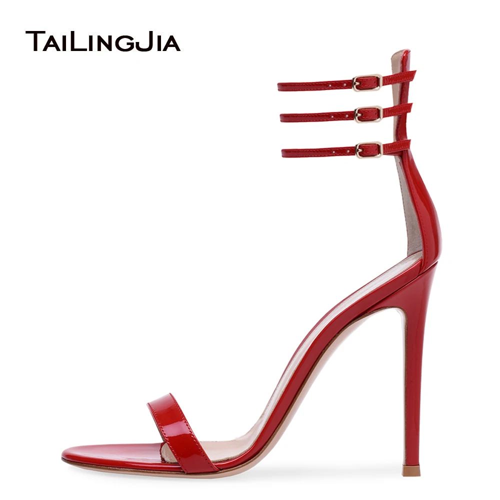 

2018 Fashion Open Toe Female Sandals Supper High Heels Evening Woman Shoes Ladies Red Patent Leather Sandals With Three Buckle