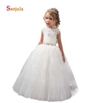 

Open Back Lace-up Little Girls Wedding Party Dresses Ball Gonw Flower Girls Dresses Beaded Sequins Sashes Communion Gowns D121