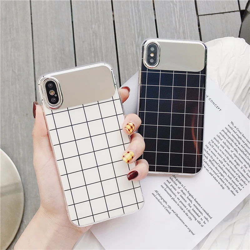 

Simple Black White Plaid Mirror Phone Case for Iphone X Xs Max Glitter Clear Tpu Case for Iphone 6s 7 8plus Soft Back Cover