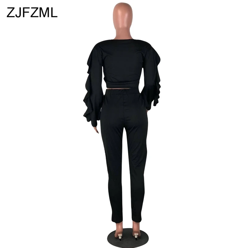 ZJFZML/большой размер, сексуальный комплект из 2 предметов, женская одежда, короткий топ с длинными рукавами и рюшами+ брюки-карандаш, осенняя одежда, Повседневный свитер