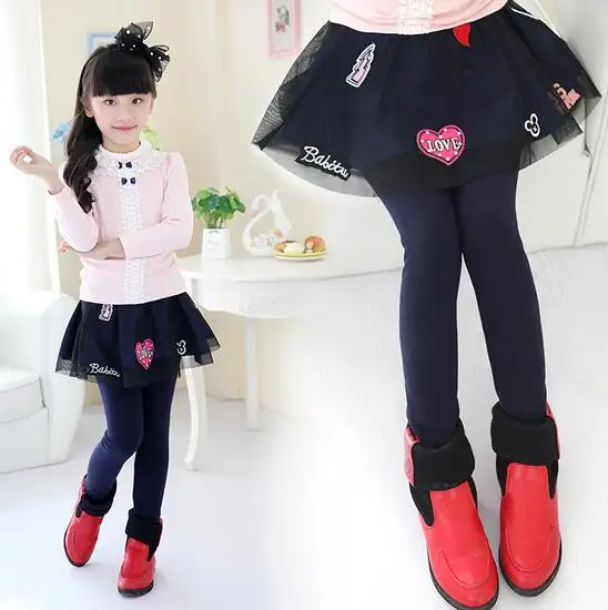 

Autumn Sweet Leggings For Girls Pants With Skirt Fake Two-piece Kids Insulated Leggings Colorful Pattern Vetement fille