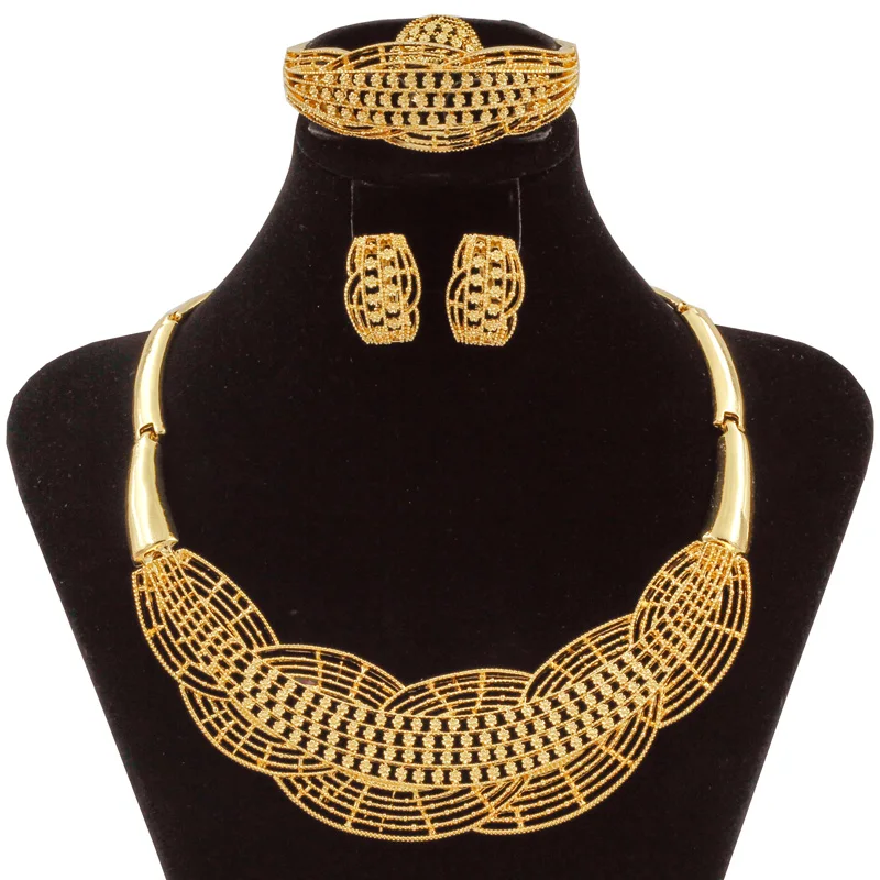 

New Dubai Gold Jewelry Necklace Jewelry Sets Hollow Design Ladies Earrings Bracelet Ring Bride Wedding Jewelry Gift