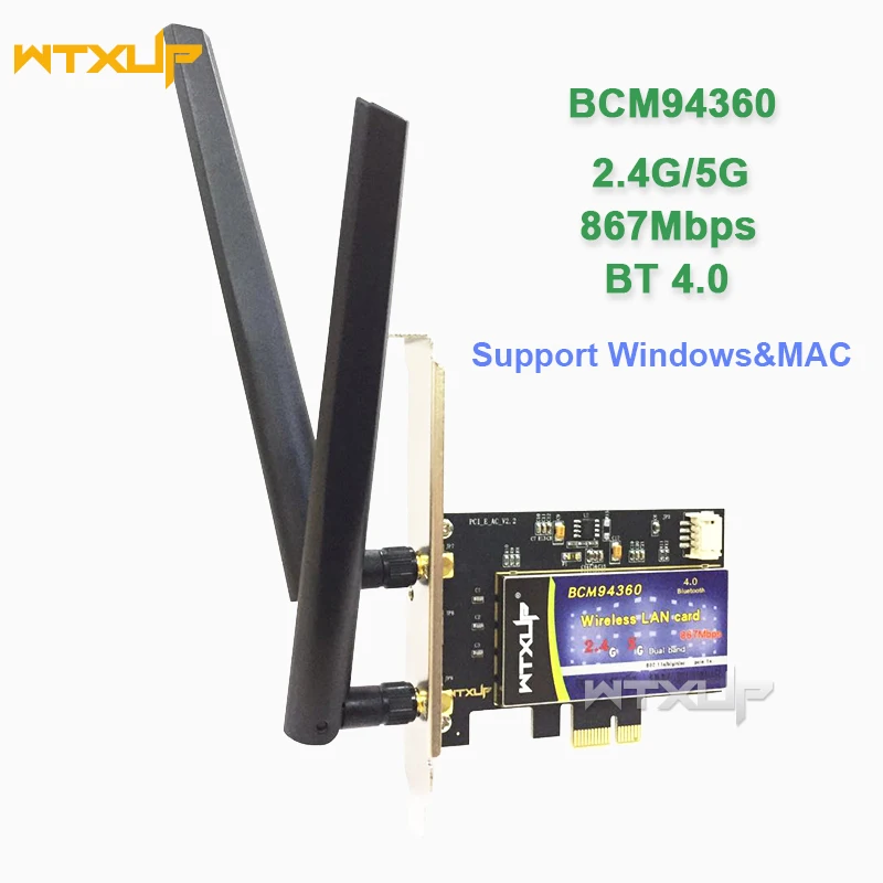 

WTXUP 802.11AC Dual Band network card Broadcom BCM94360 867Mbps PCI Express WIFI Wireless Adapter for DESKTOP Bluetooth BT 4.0