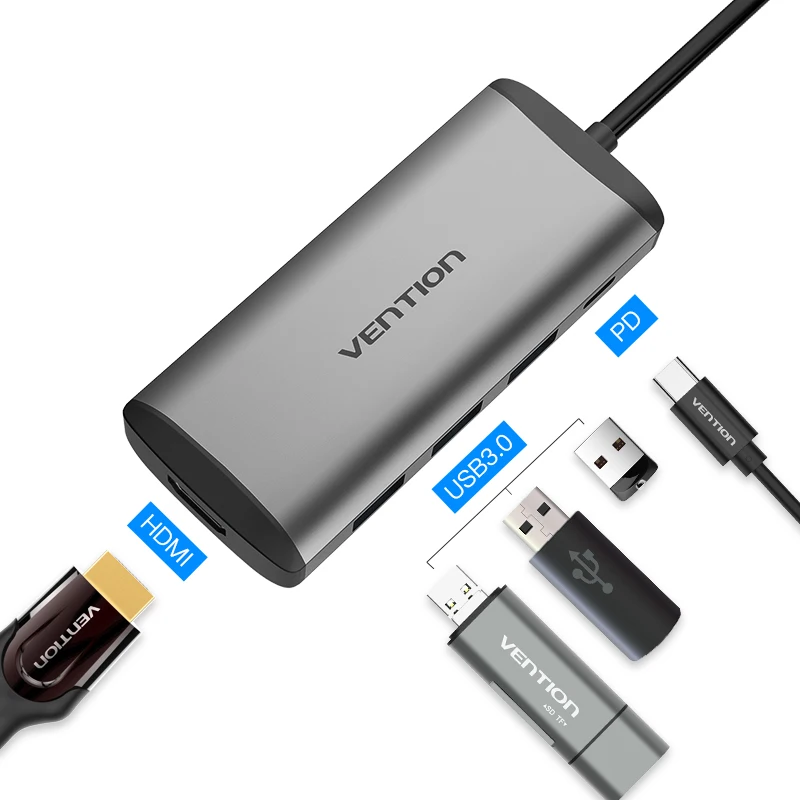 Vention usb-хаб usb type C к HDMI USB 3,0 концентратор Thunderbolt 3 адаптер для MacBook samsung S9 S10 huawei mate 20 P30 Pro USB-C концентратор - Цвет: Gray CNBHB