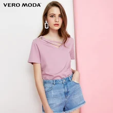 Vero Moda футболка женская хлопок чистый цвет воротник Декоративная полоса Повседневная футболка с коротким рукавом | 318101523