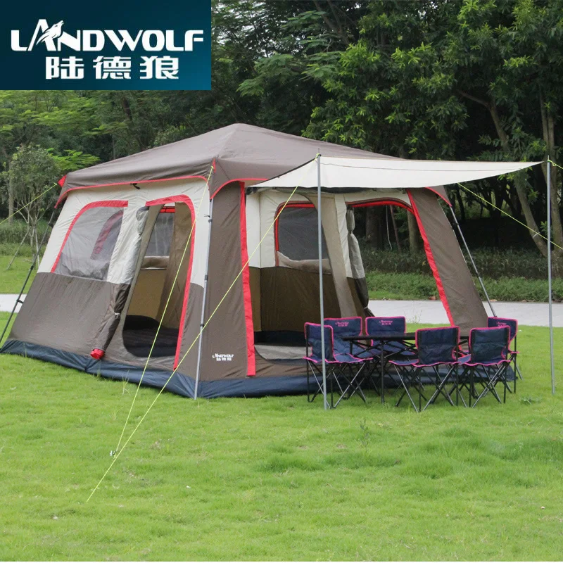 

Landwolf Brown color Ultralarge 6 10 12 double layer outdoor 2living rooms and 1hall family camping tent include 1set front pole