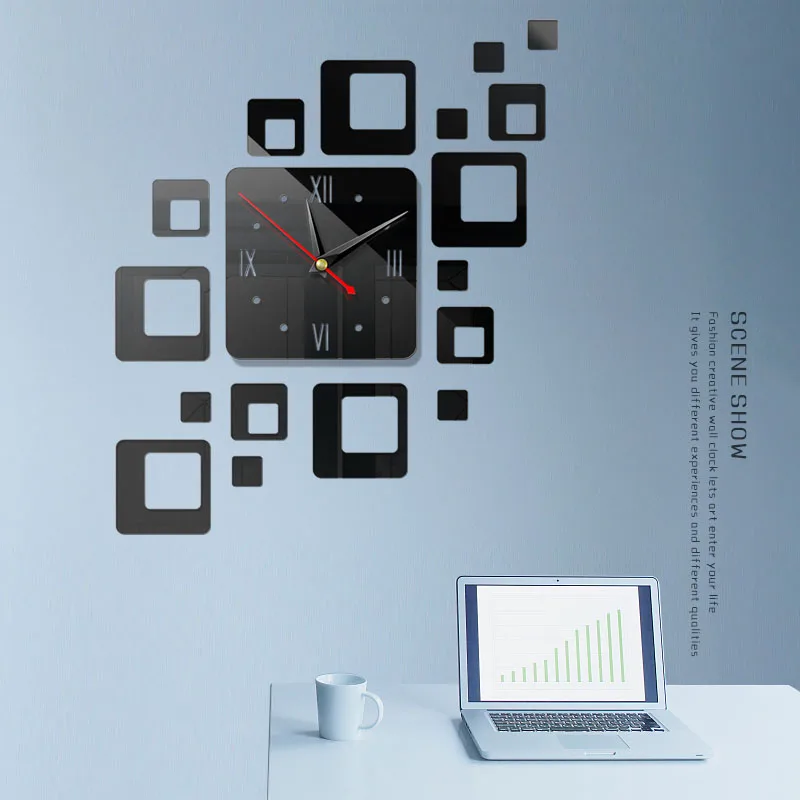 

2019 new creative European wall clock diy3D stereo decorative clock acrylic mirror clock square combination clock