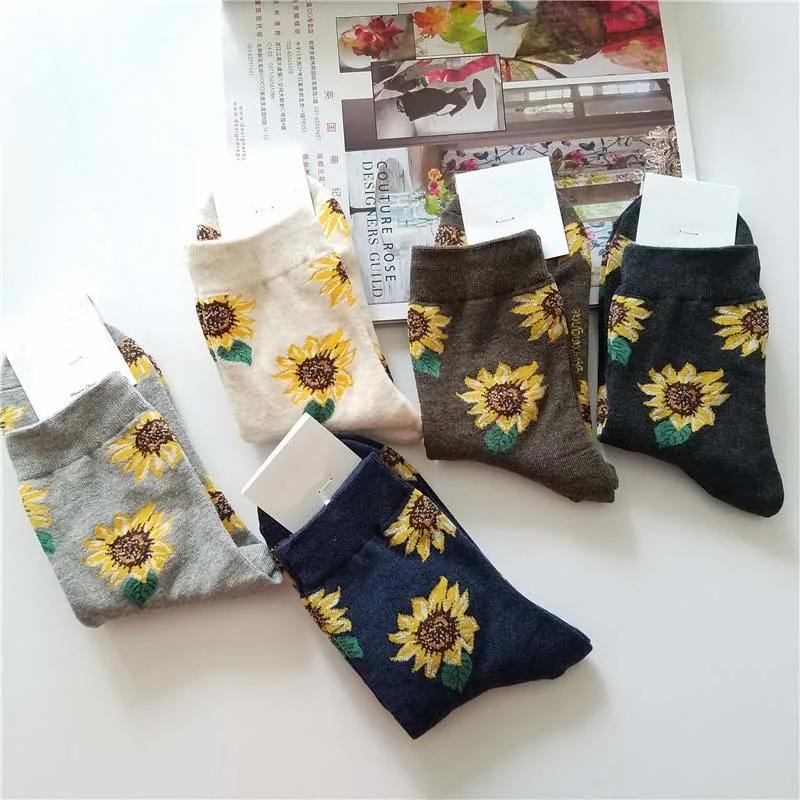 [EIOISAPRA]Korean Style Women Sunflower Short Socks Creative Art Harajuku Japanese Socks High Quality Cotton Tide Sox