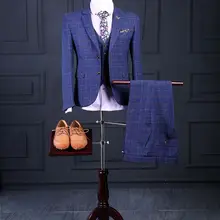Осень-зима итальянский стиль темно-синий твид комплект со смокингом жениха 3 предмета Slim Fit Мужские Свадебные Пром ужин костюмы индивидуальный заказ