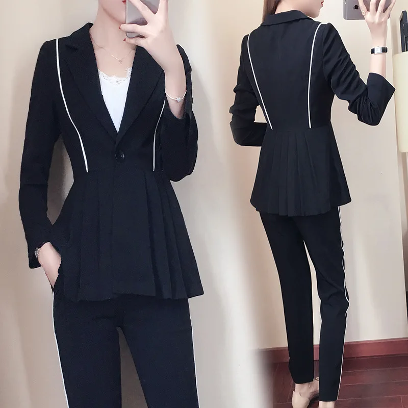 Women's suit pantsuit Casual long sleeve long solid color blazer Temperament Slim Pants Set Women 2019 new ladies two-piece