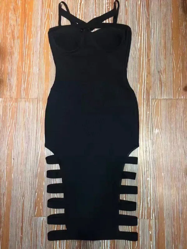 Top Quality Celebrity Red Green Black Sleeveless Side Hollow Out Rayon Bandage Dress Evening Party Cute Dress (7)
