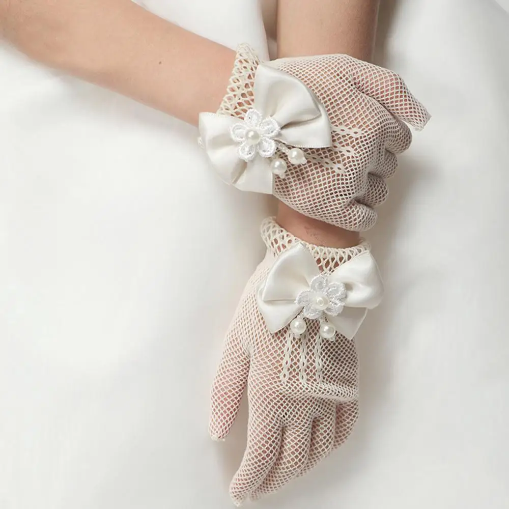 Детский Крем Кружева жемчужные ажурные перчатки Причастие девушки цветка Вечерние