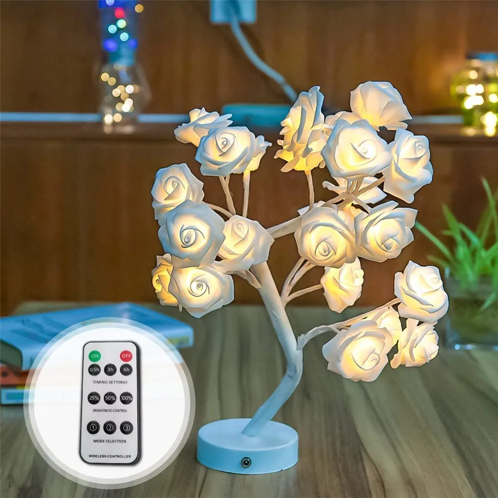 Luzes de Mesa Decorativas do Diodo Emissor de Luz do Controle Remoto do Usb da Forma da Árvore da Flor de Rosa da Lâmpada do Diodo Emissor de Luz Lâmpada Diodo da do 8 Luzes noturnas