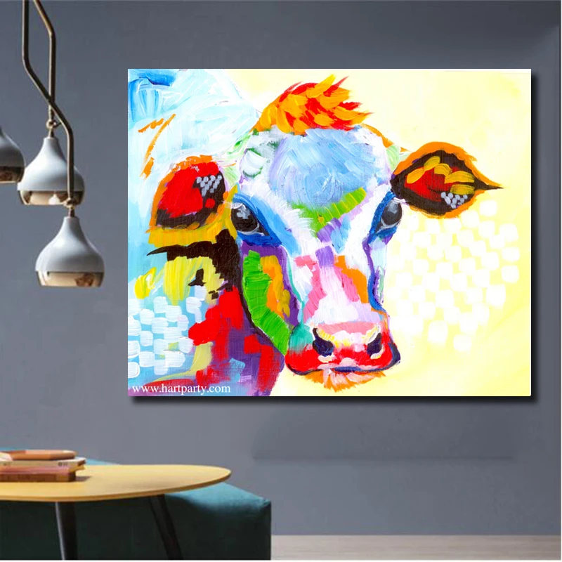

Free Shipping Skills Artist printed High Quality Abstract Animal Cow Oil Painting Pop Art Painting For Living Room Decoration