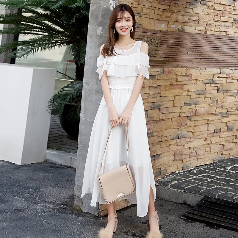 

2019 Summer New Bandage White Dress Casual O-Neck Women's Ruffles Ripped Long Dress Fashion High Waist Tunic Dress For Women