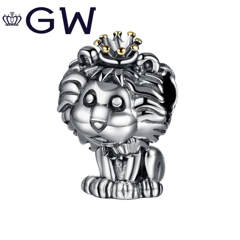 

100% 925 Silver Charm Gold Crown Lion Rhodium plating Bead Fit Most charms silver 925 original bracelet Sterling Silver 925