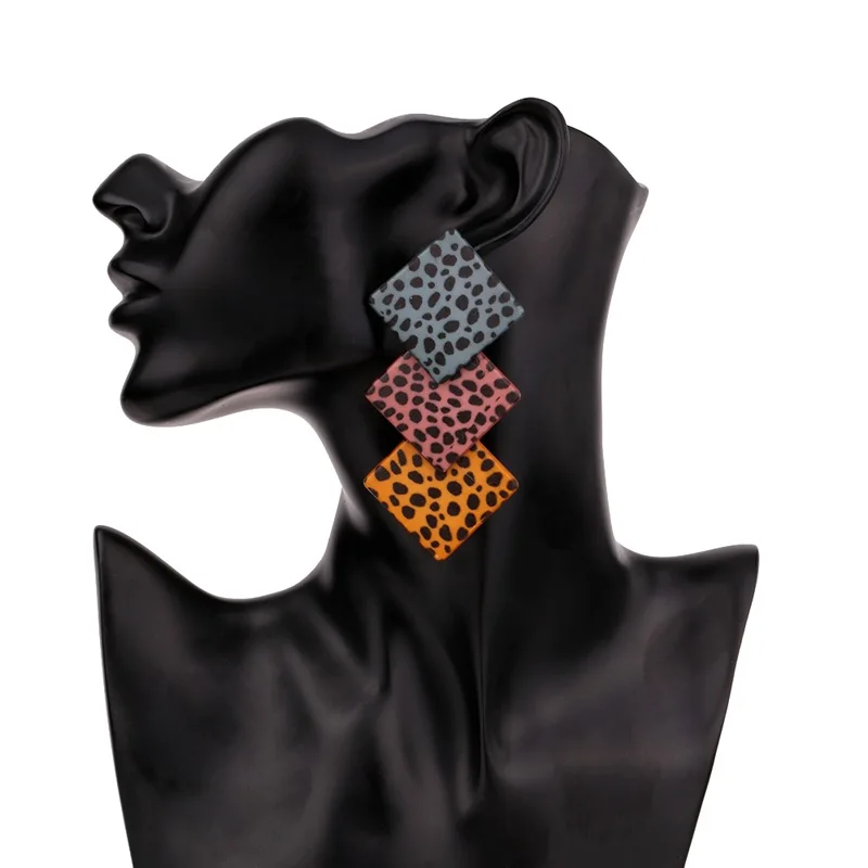 

Bohemia Leopard Print Acrylic Square Stitching Stud Earring Acetic Acid Tassel Pendant Pendientes Women's Fashion Jewelry Bijoux