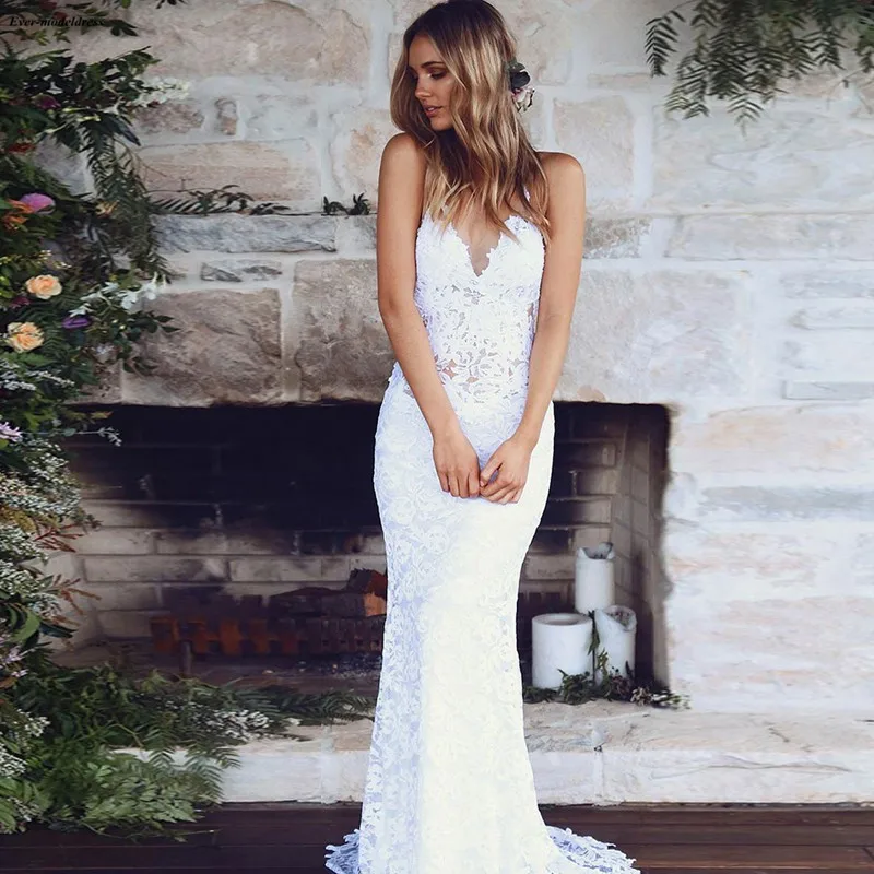 Sexy Deep V Neck Lace Mermaid Beach Wedding Dresses Backless 2019